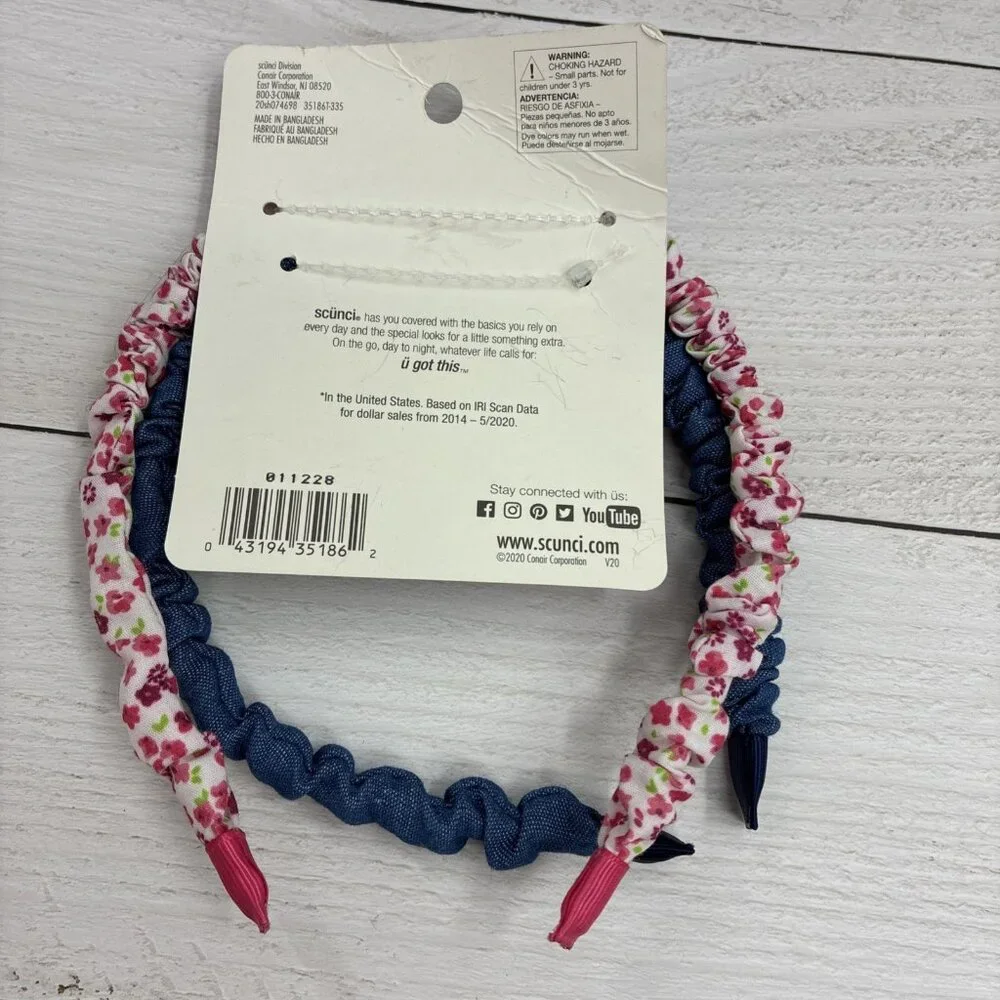 Scunci Girls Headbands Pack of 2 Scrunch Style Stretch Fabric Blue Pink One Size